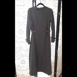 Plaid Striped Long Sleeve Maxi Dress Faux Leather